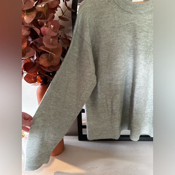 H&M Women’s Light Sage Embellished Boxy Crewneck Sweater - Picture 3 of 9